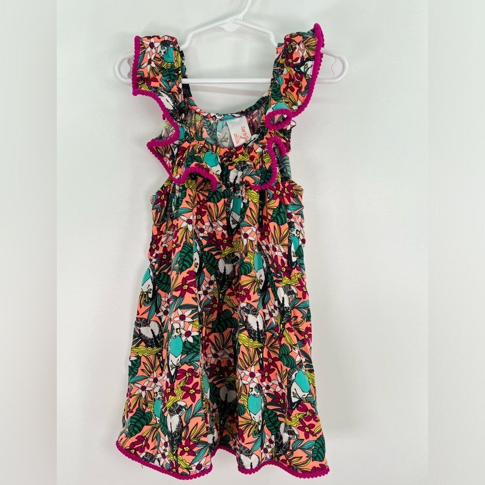 Cat & Jack girl’s tropical floral sundress pompoms pink and green colors size 4T